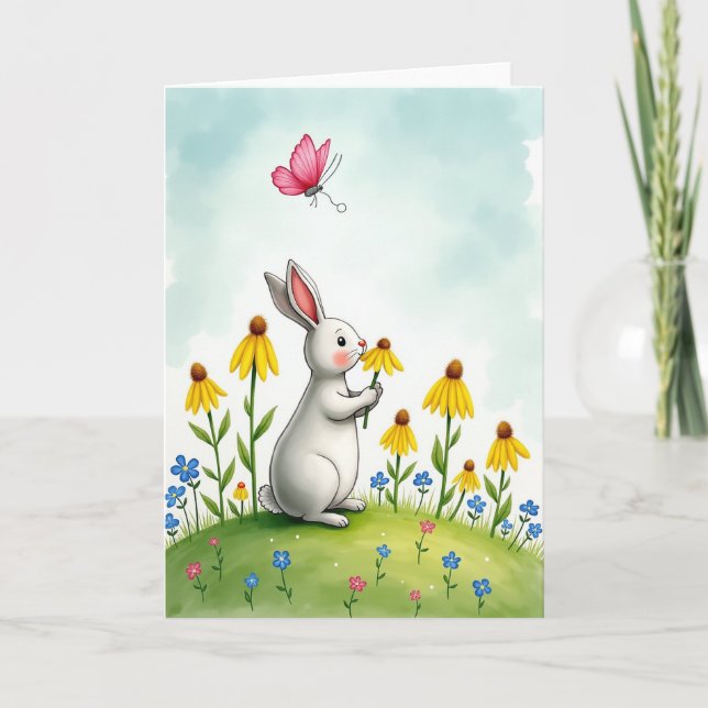 Tarjeta de escena adorable de conejo y flores (Anverso)
