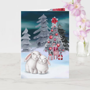 Tarjeta de escena de árbol de Navidad con conejito