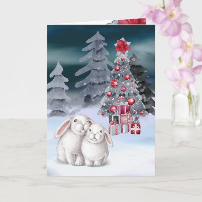 Tarjeta de escena de árbol de Navidad con conejito (Orquídea)