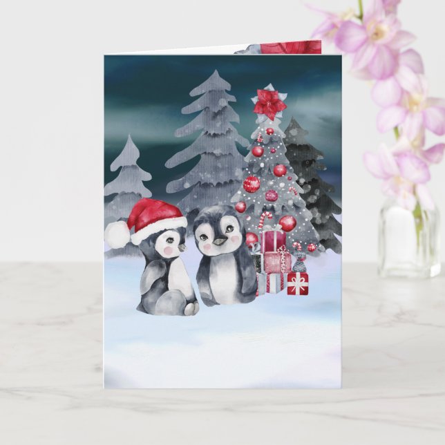 Tarjeta de escena de árbol de Navidad pingüino (Orquídea)