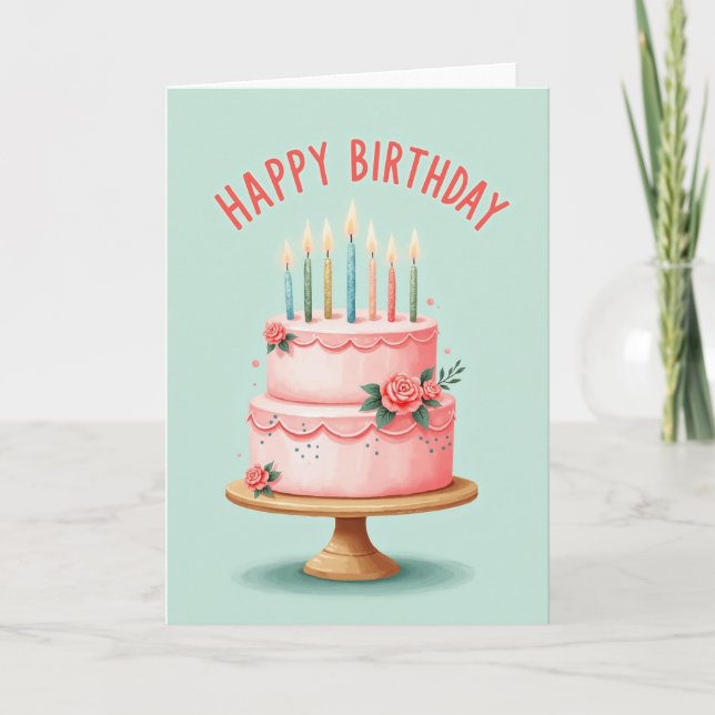 Tarjeta de escena de cumpleaños con pastel (Anverso)