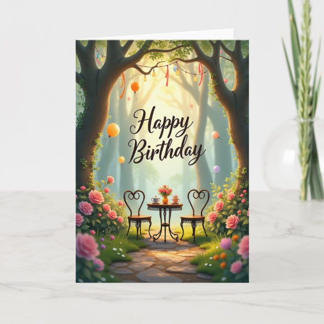 Tarjeta de escena de cumpleaños en el jardín (Anverso)