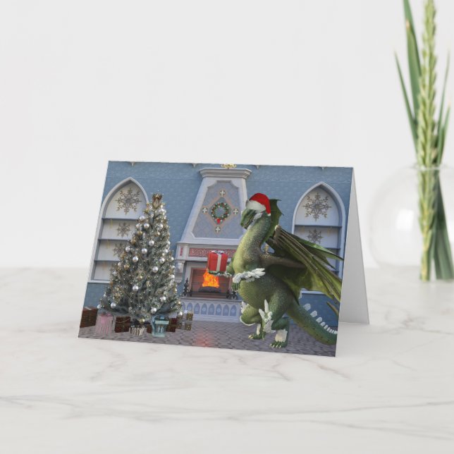 Tarjeta de escena de dragón de Santa de Navidad ju (Anverso)