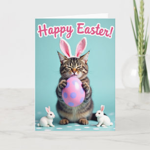 Tarjeta de escena de gatito de Pascua y huevo