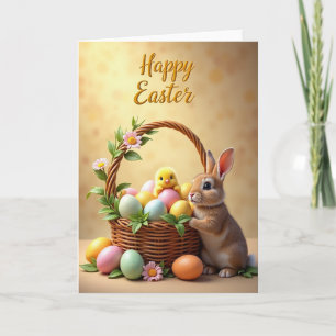 Tarjeta de escena de huevos de conejito de primave