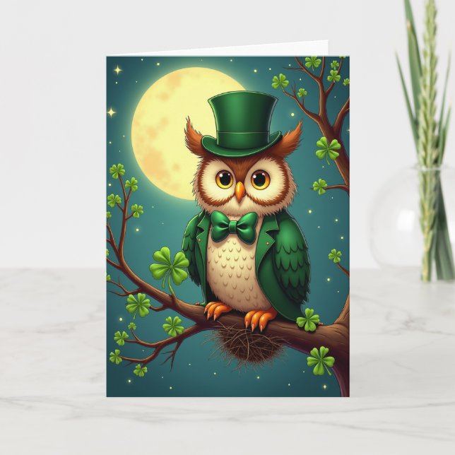 Tarjeta de escena de luna de búho afortunado (Anverso)