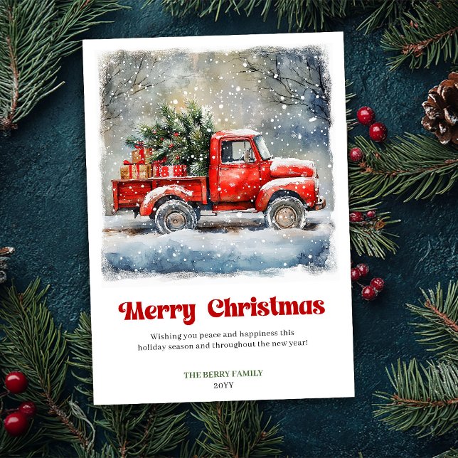 Tarjeta de escena de Navidad con camión rojo rústi (Vintage Cozy Rustic Red Truck Christmas Scene Card)