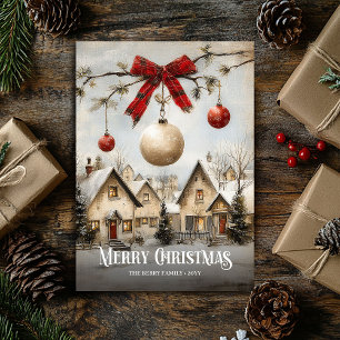 Tarjeta de escena de Navidad en acuarela roja y bl