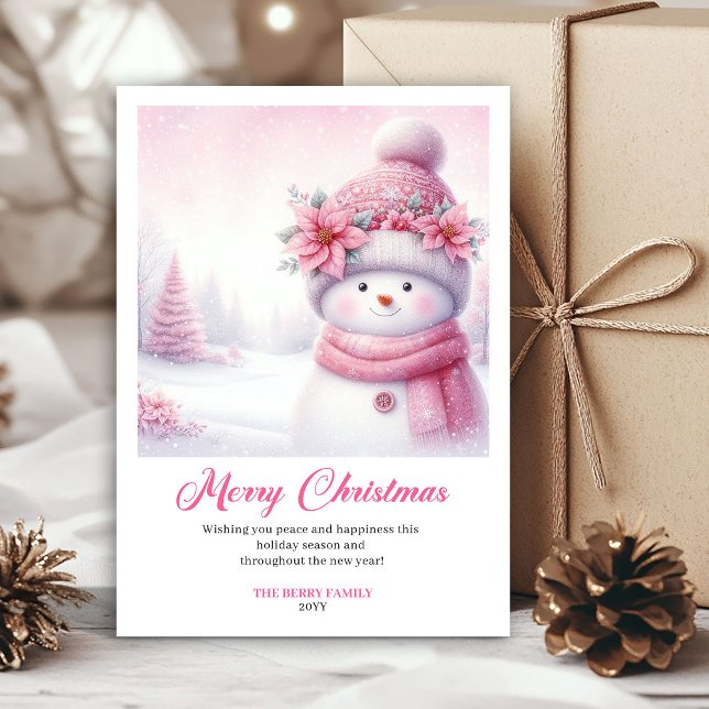 Tarjeta de escena de Navidad imprimible con muñeco (Lovely Pink Snowman Printable Christmas Scene Greeting Card

)