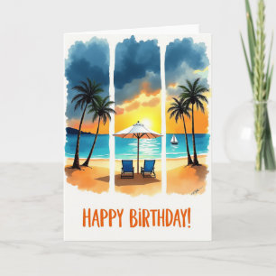 Tarjeta de escena de playa de cumpleaños dulce