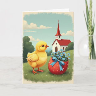 Tarjeta de escena de pollito y huevo de primavera