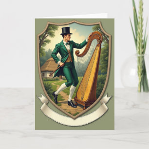 Tarjeta de escena del hombre irlandés arpa esmeral