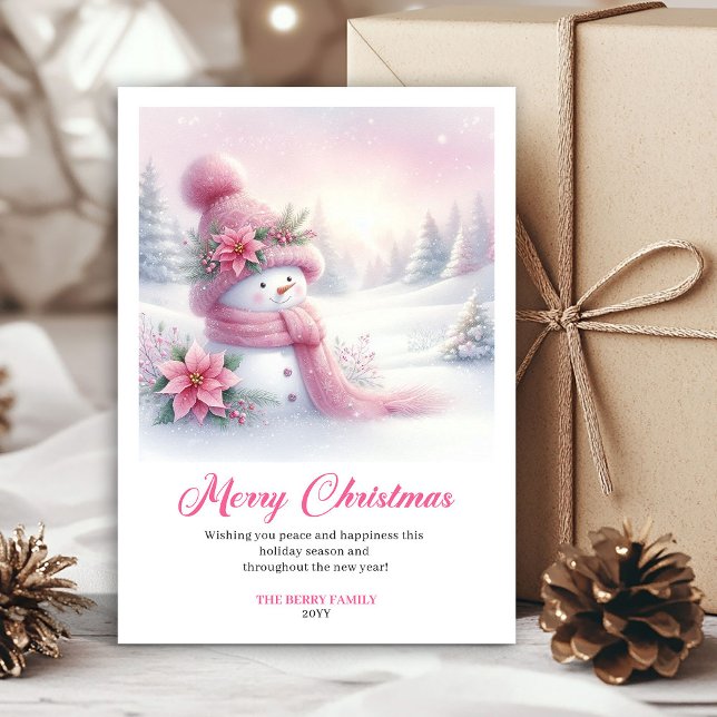 Tarjeta de escena festiva editable de muñeco de ni (Whimsical Pink Snowman Editable Festive Scene Greeting Card)