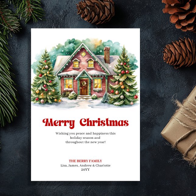Tarjeta de escena invernal alegre casa de Navidad  (Magical Christmas house joyful winter scene card)