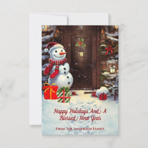 Tarjeta de escena navideña Snowman Vintage