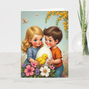 Tarjeta de escena primaveral de niños con huevo
