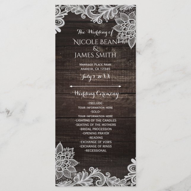 Tarjeta de estante de programa de boda de madera r (Anverso)