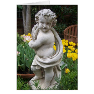 tarjeta de estatua y tulipanes