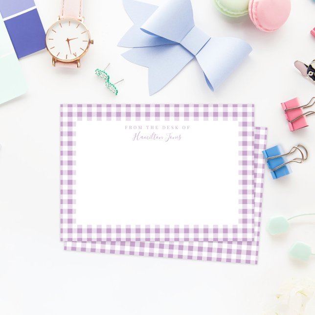 Tarjeta de estatus personal Lilac Gingham Check (sweet and simple lilac purple gingham patterned child's stationery with personalized name text)