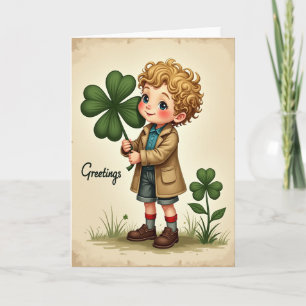 Tarjeta de estilo vintage de niño con trébol