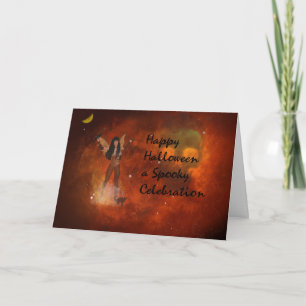Tarjeta de fantasía de Halloween con cielo rojo y