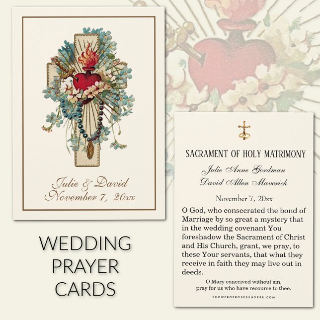Tarjeta de favor de boda floral azul de la Virgen  (Traditional Catholic Immaculate Heart of Mary Wedding Prayer Cards)