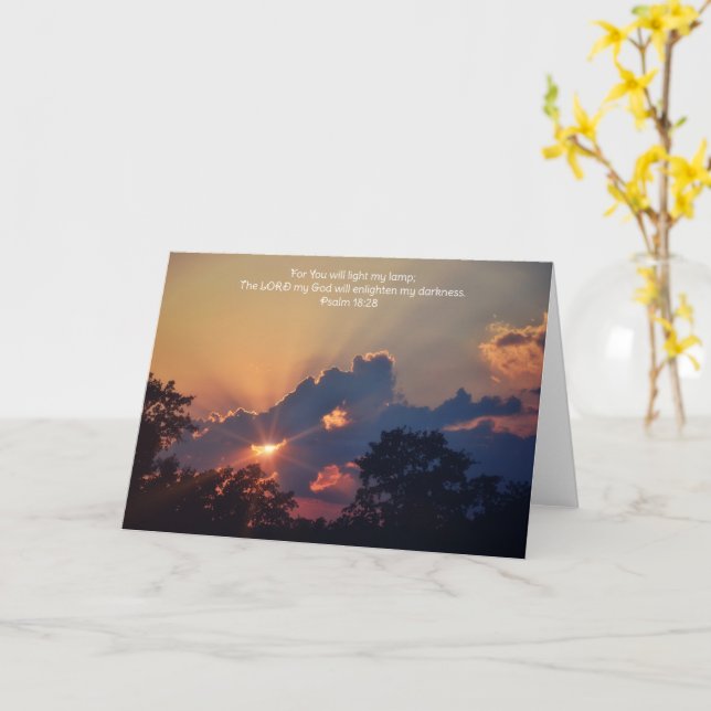 Tarjeta de fe con luz de puesta de sol y versículo (flor amarilla)