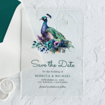 Tarjeta de fecha de boda con flores de pavo real v