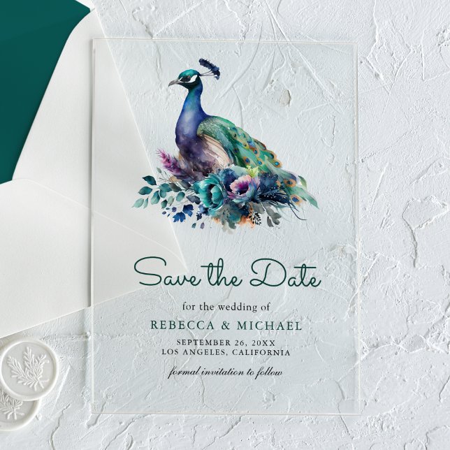 Tarjeta de fecha de boda con flores de pavo real v (Subido por el creador)