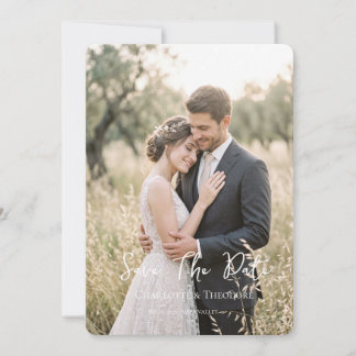 Tarjeta de fecha de boda con foto y guión moderno