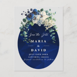 Tarjeta de fecha de boda floral azul marino, elega