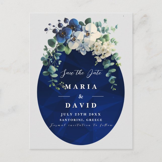 Tarjeta de fecha de boda floral azul marino, elega (Anverso)