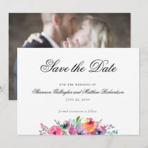 Tarjeta de fecha de boda floral con acuarela y fot