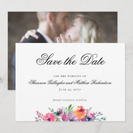 Tarjeta de fecha de boda floral con acuarela y fot