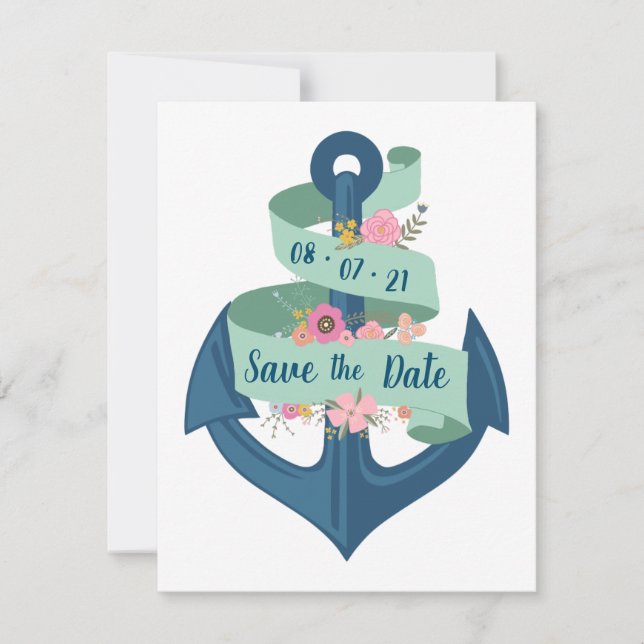 Tarjeta de fecha de boda floral de rayas náuticas  (Anverso)