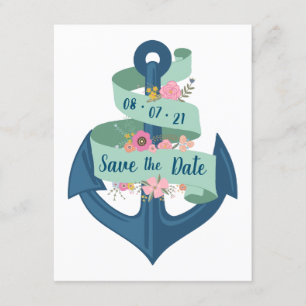 Tarjeta de fecha de boda floral de rayas náuticas