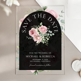 Tarjeta de fecha de boda negra con flores de eucal