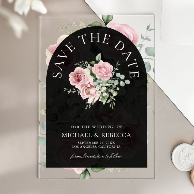 Tarjeta de fecha de boda negra con flores de eucal (Subido por el creador)