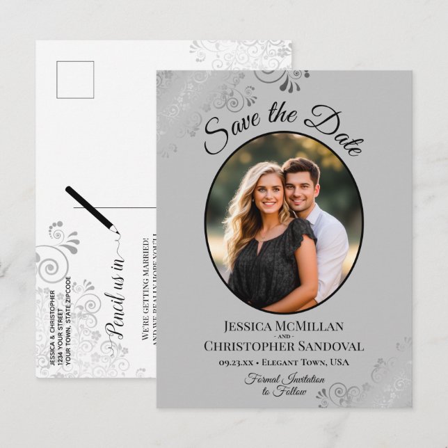 Tarjeta de fecha de boda ovalada con foto gris pla (Anverso / Reverso)