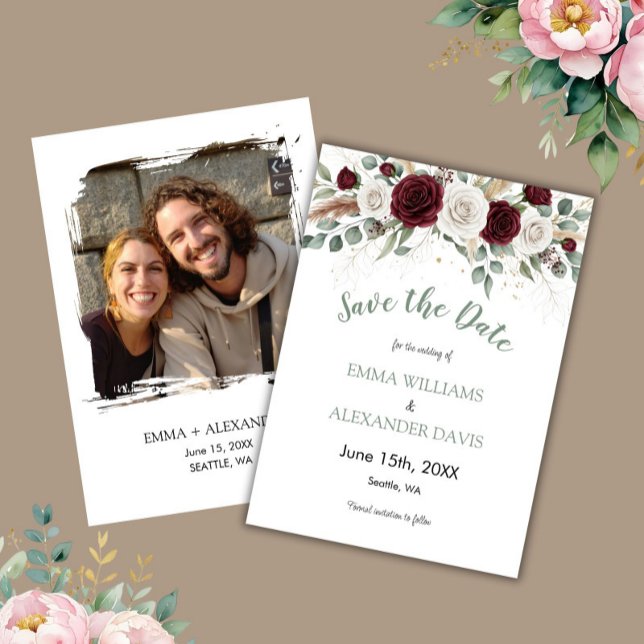 Tarjeta de fecha de boda para guardar con foto flo (Sage Green Blush Floral Photo Save the Date Card)