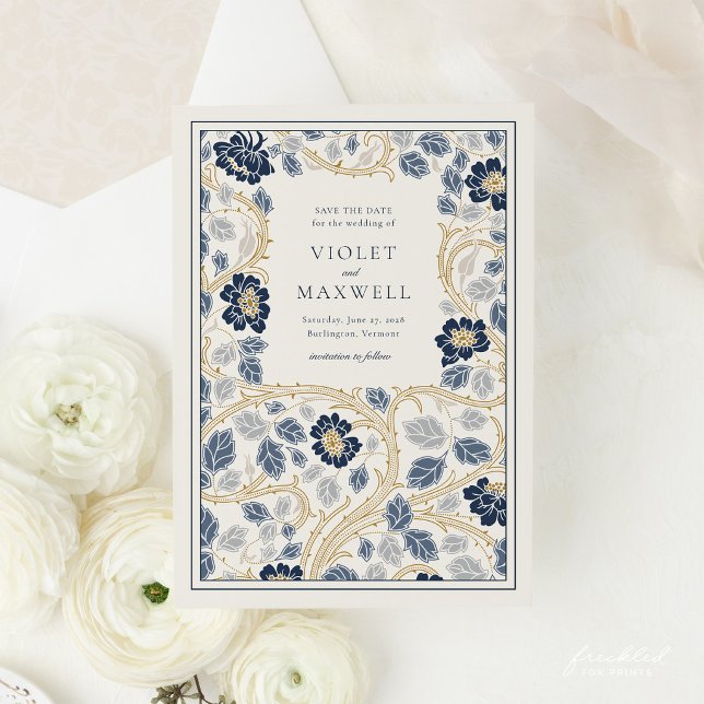 Tarjeta de fecha de guardado azul marino y floral  (Navy Gold Floral Art Nouveau Wedding Invitation)