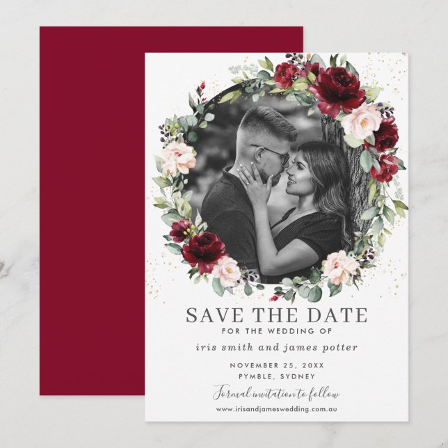 Tarjeta de fecha de guardado de foto floral con ru (Anverso / Reverso)