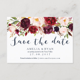 Tarjeta de fecha de salvación floral burgundy Navy