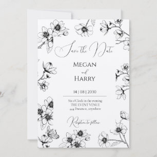 Tarjeta de fecha de salvación floral en blanco y n