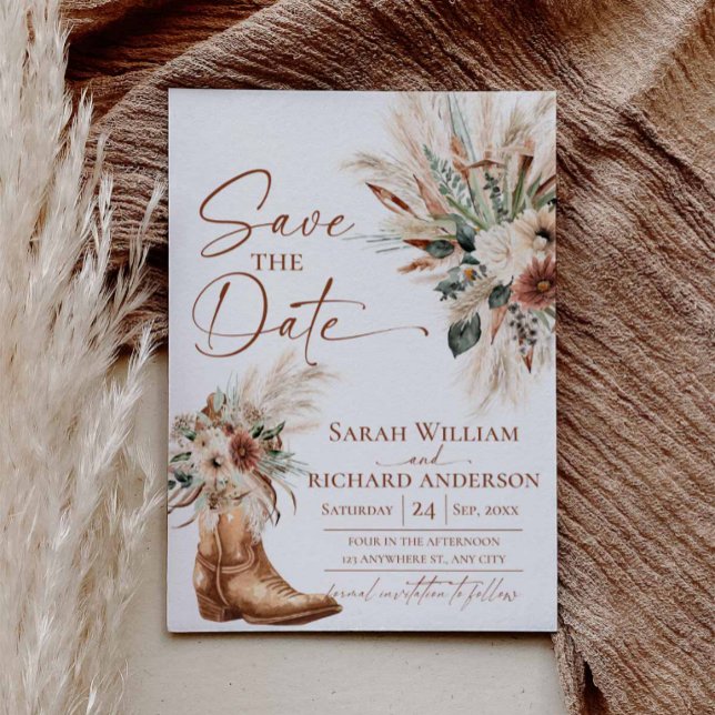 Tarjeta de fecha de salvación rústica occidental b (Rustic Terracotta Wedding Save the Dates, Western Cowgirls Fall Boho)
