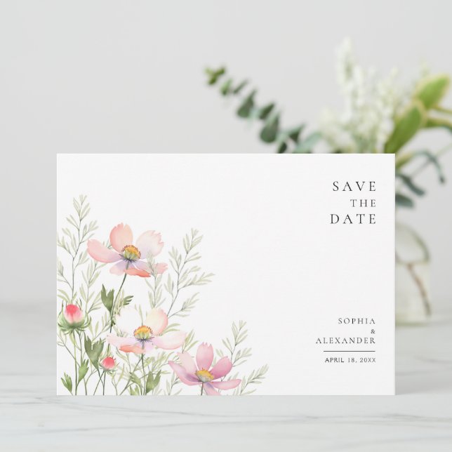 Tarjeta de fecha plana para un boda de flores silv (Anverso de pie)