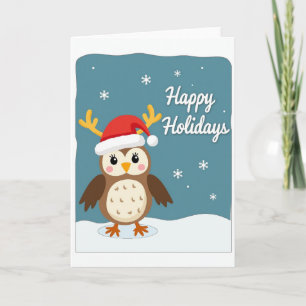 Tarjeta de Felices Fiestas Búho Lindo Sombrero de 