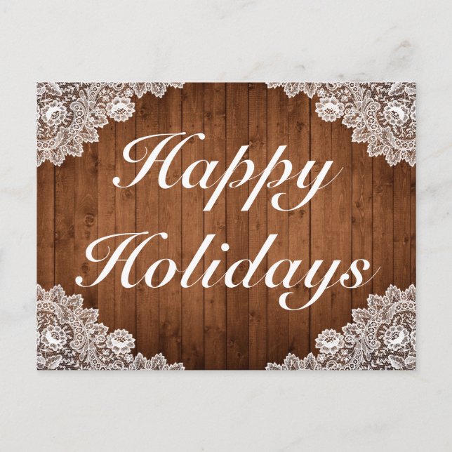 Tarjeta de Felices Fiestas de madera rústica y enc (Anverso)