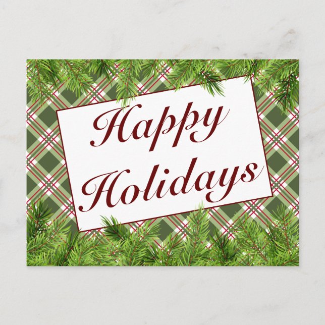 Tarjeta de Felices Fiestas de Plaid Verde Rojo y P (Anverso)