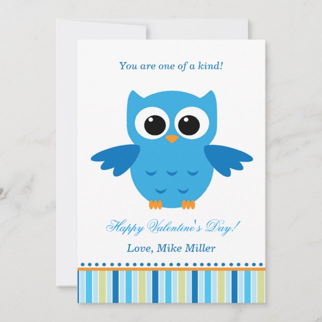 Tarjeta de felicitación azul de búho y día de San  (Anverso)